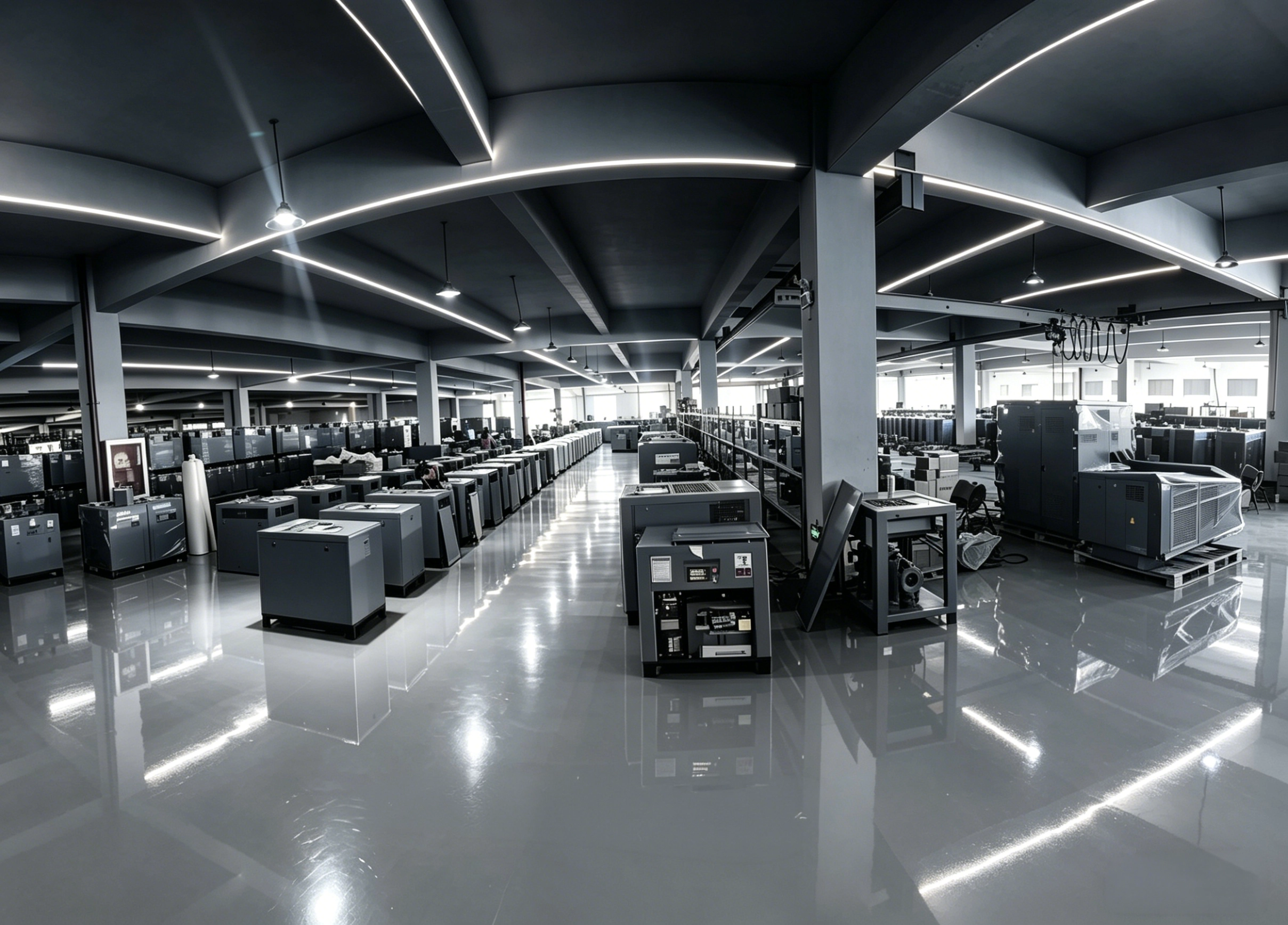 Wide-angle photograph inside the state-of-the-art ANKA Compressor manufacturing facility, showcasing symmetrical rows of industrial rotary screw air compressors, automated AGVs, and reflective epoxy floors, symbolizing mass production capability and precision engineering.