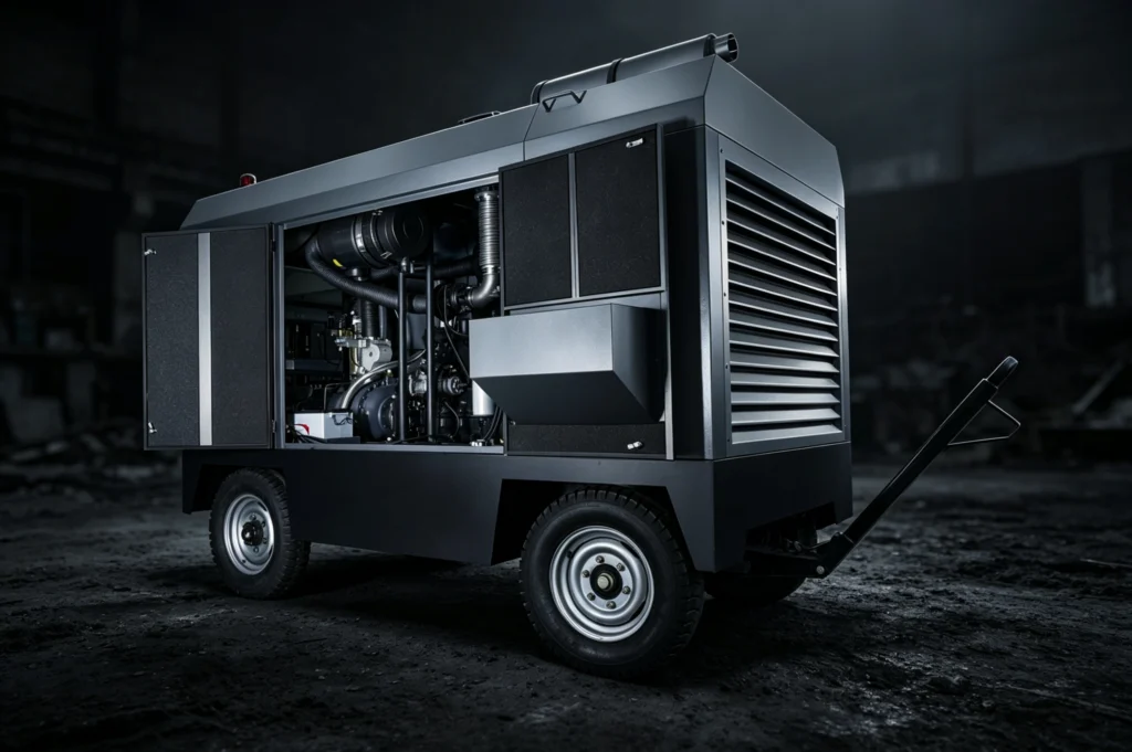 ANKA heavy-duty portable rotary screw air compressor with robust wheeled mobility in darkened industrial environment