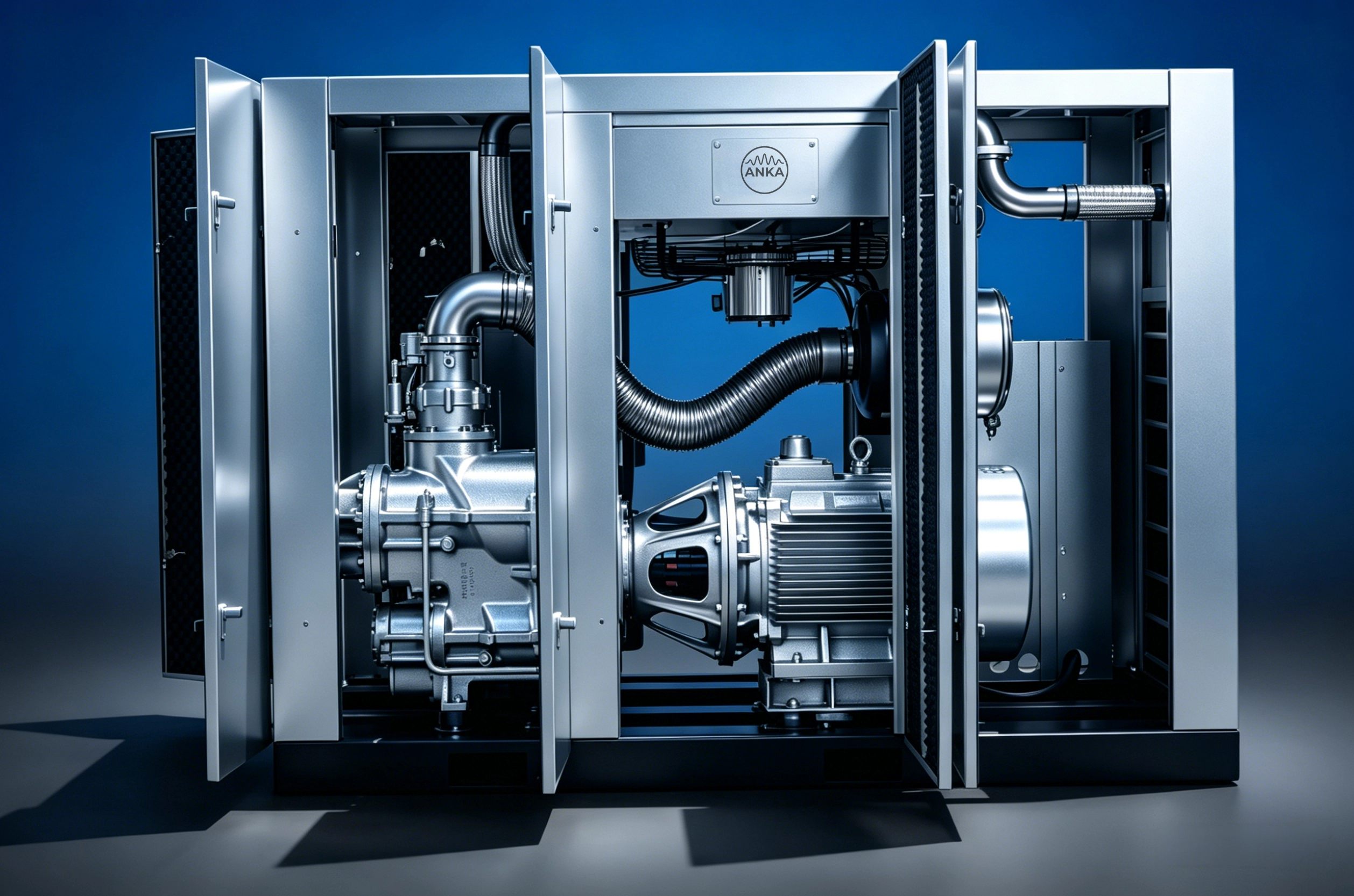 Heavy-duty yellow screw air compressor engineered by ANKA Compressor, with open soundproof enclosure revealing the premium twin-screw air end and electric motor.