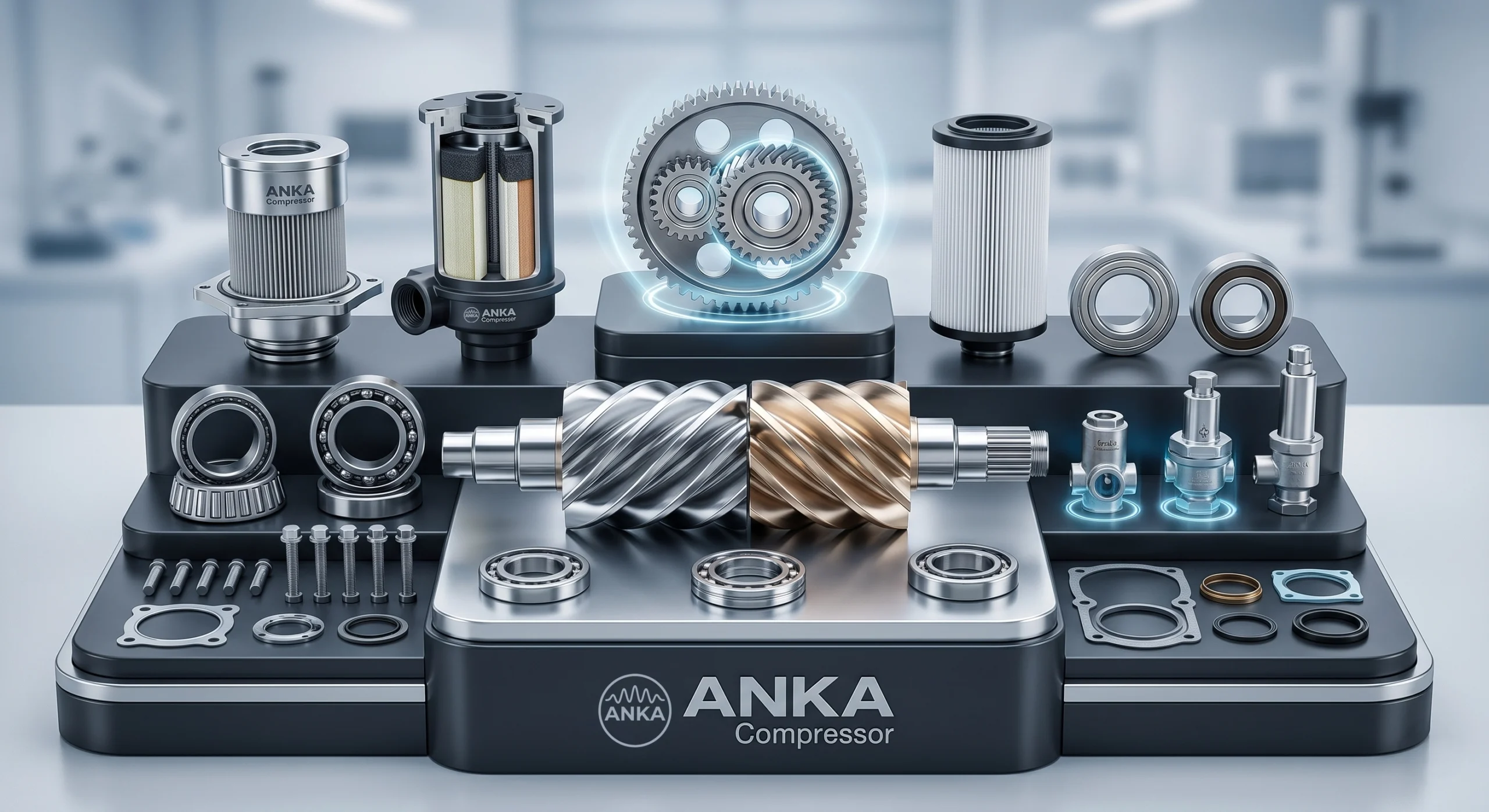 Precision-engineered OEM maintenance spare parts and installation accessories for ANKA screw air compressors, showcased in a high-tech industrial setting.