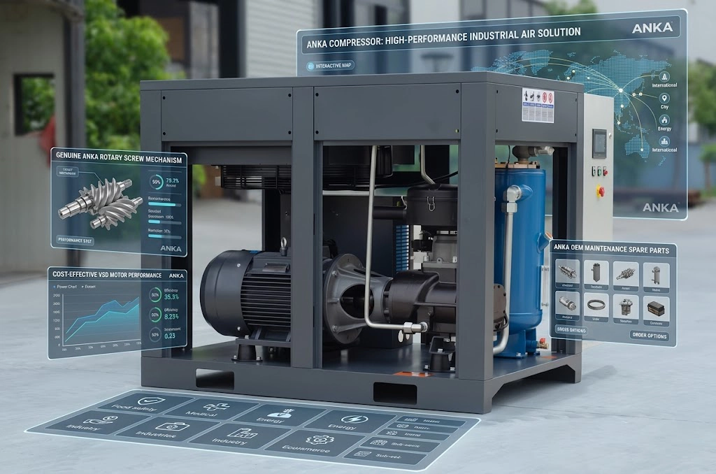3D holographic rendering of an ANKA heavy-duty rotary screw air compressor, featuring a genuine Hanbell airend, high-performance VSD motor, and smart performance data overlay for industrial applications