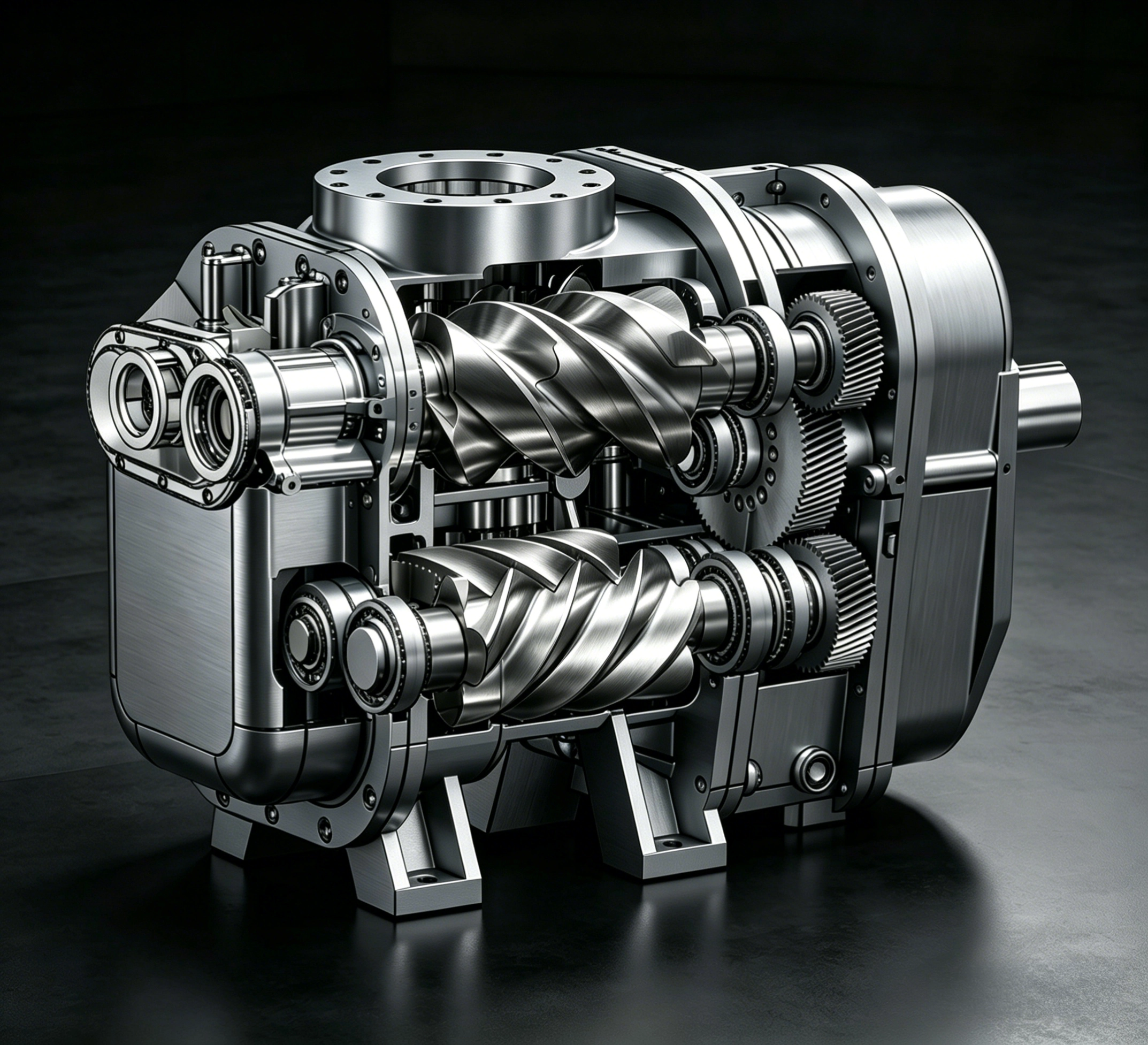 Inside a two-stage machine: the first airend feeds the intercooler, the second finishes the compression at a lower pressure ratio.