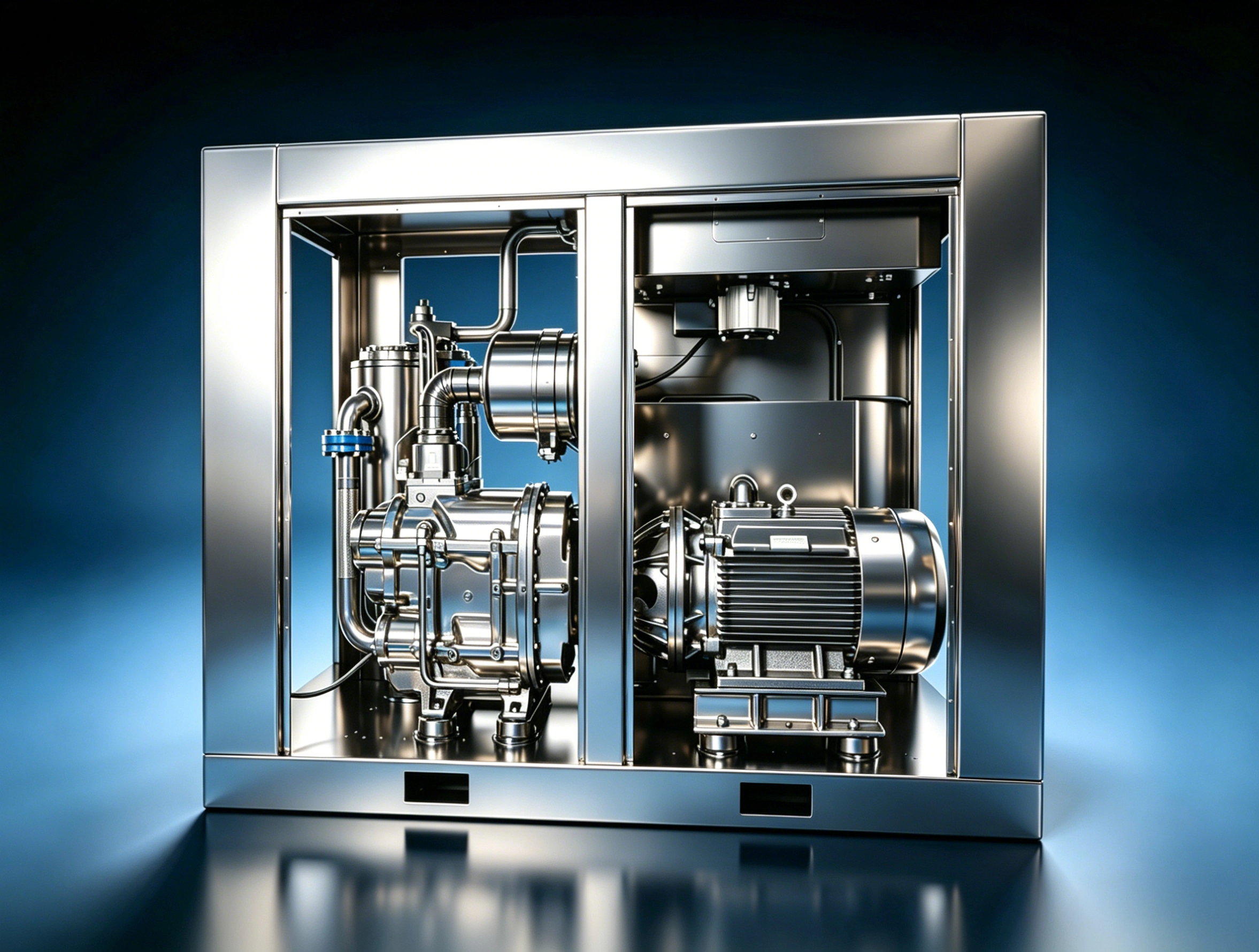 ANKA premium two-stage industrial rotary screw air compressor showcasing dual-compression internal mechanics with bright silver metallic finish