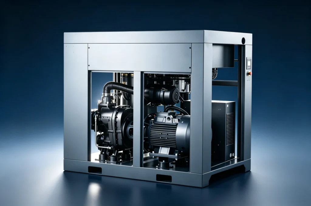 ANKA premium two-stage rotary screw air compressor with high-tech metallic open frame showcasing intricate internal dual-rotor mechanics