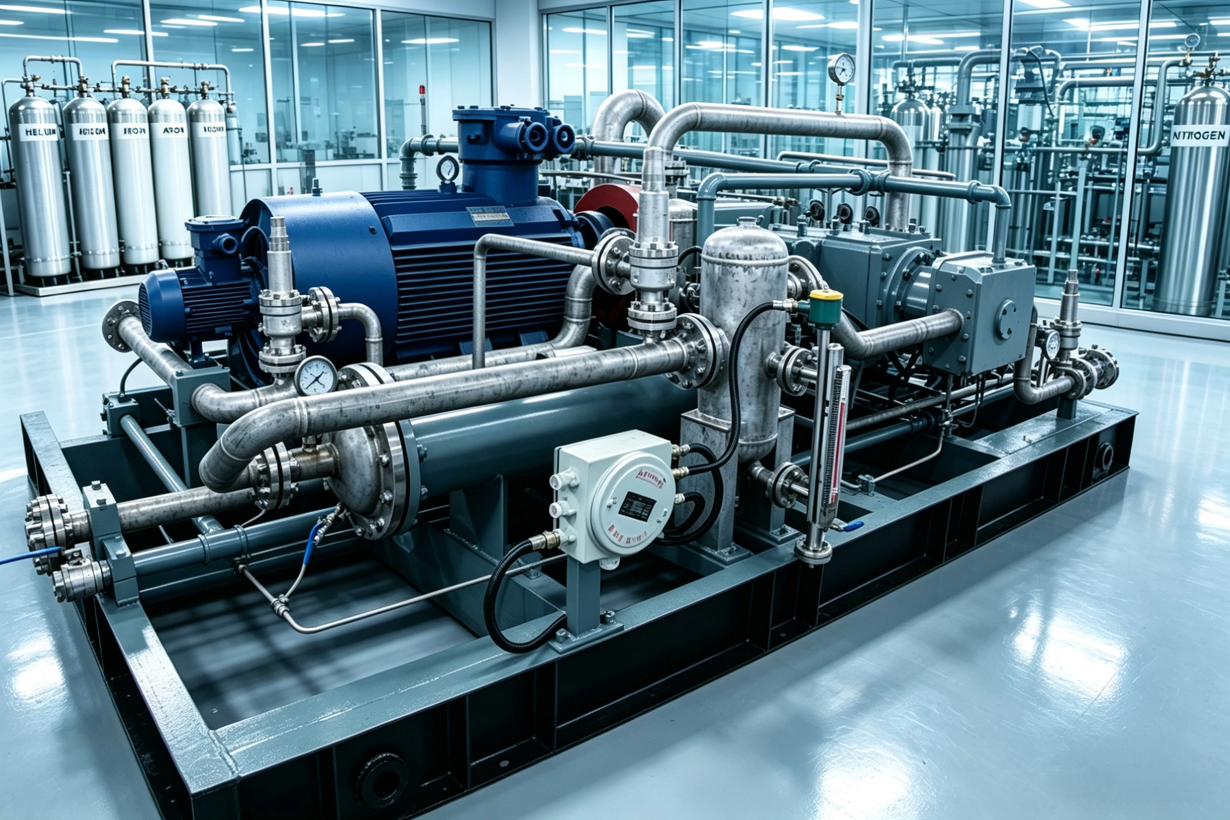 Special gas screw compressor, reoriented view, complete with process piping and storage tanks