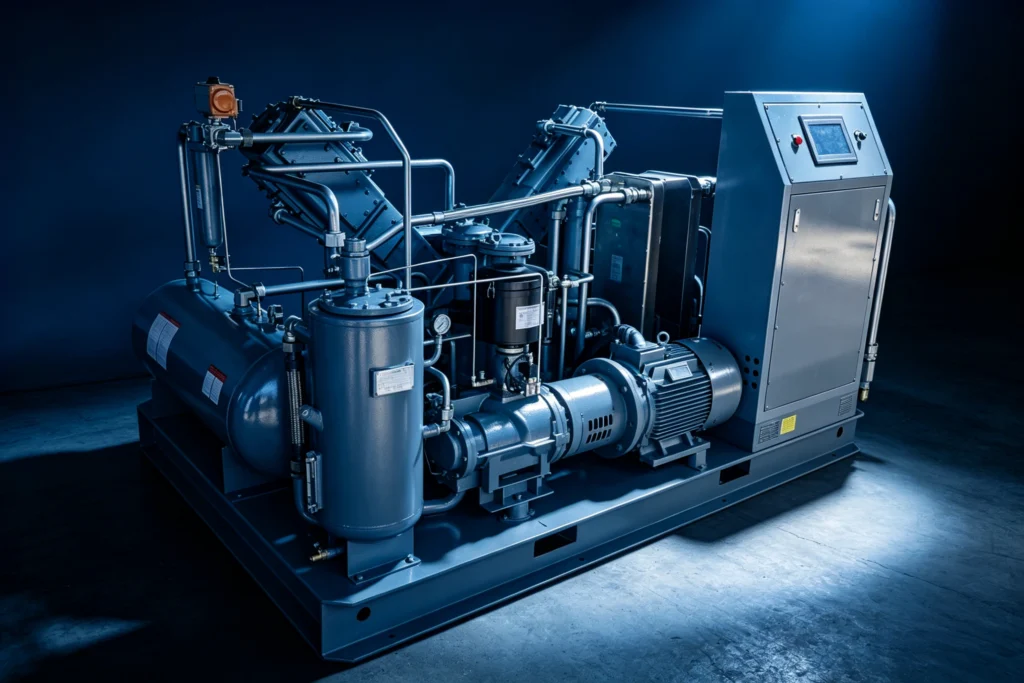 Custom engineered 40-bar high-pressure air compressor system designed for continuous PET bottle blowing production lines.