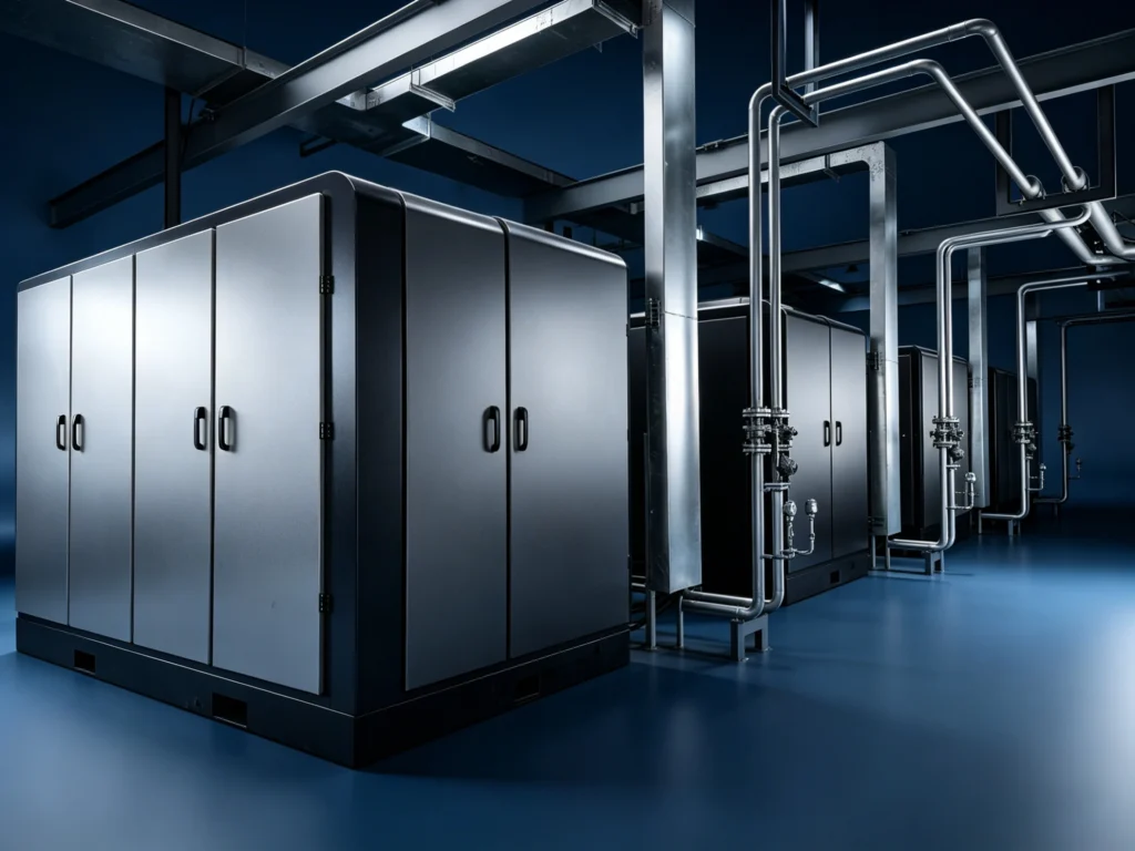 Custom engineered multi-unit air compressor station featuring advanced metallic gray enclosures and heavy-duty precision piping systems for large-scale industrial manufacturing.