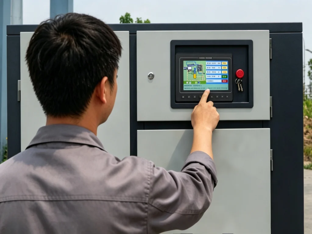 Technician operating intelligent industrial PLC touch screen on ANKA custom rotary screw air compressor for system monitoring
