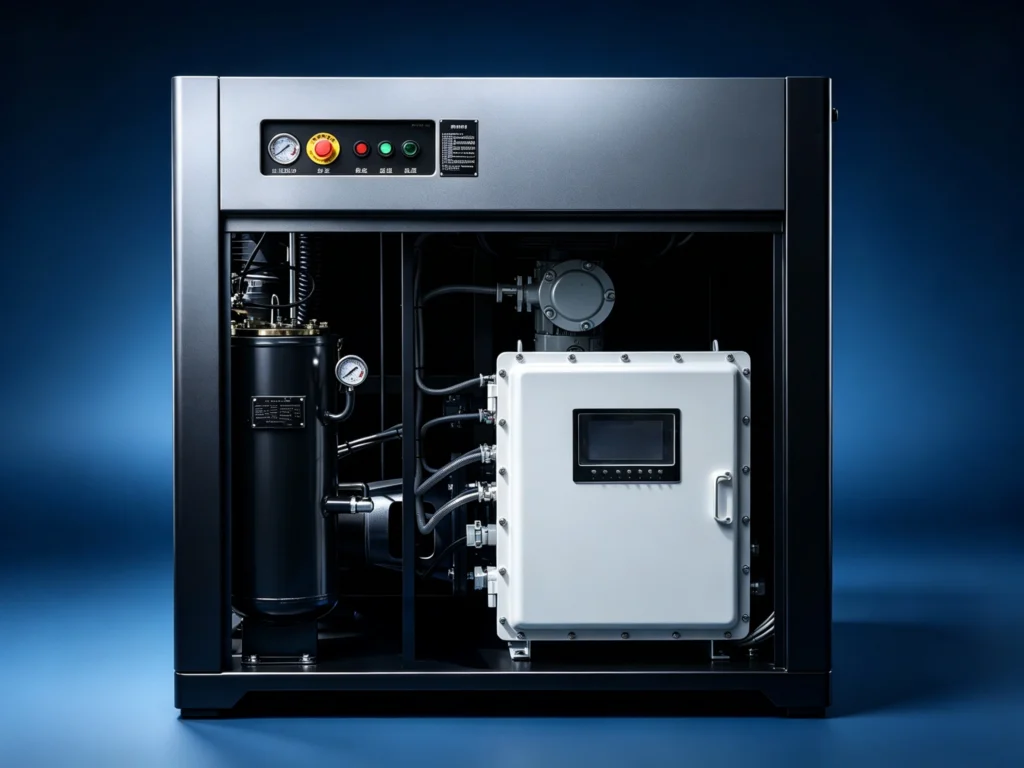Custom engineered explosion-proof rotary screw air compressor equipped with a heavy-duty sealed control panel, designed for hazardous B2B industrial environments.