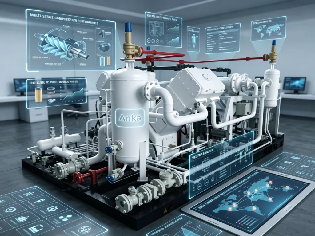 3D holographic rendering of an ANKA customized multi-stage industrial air compressor system featuring complex piping, white pressure tanks, and smart performance data screens.