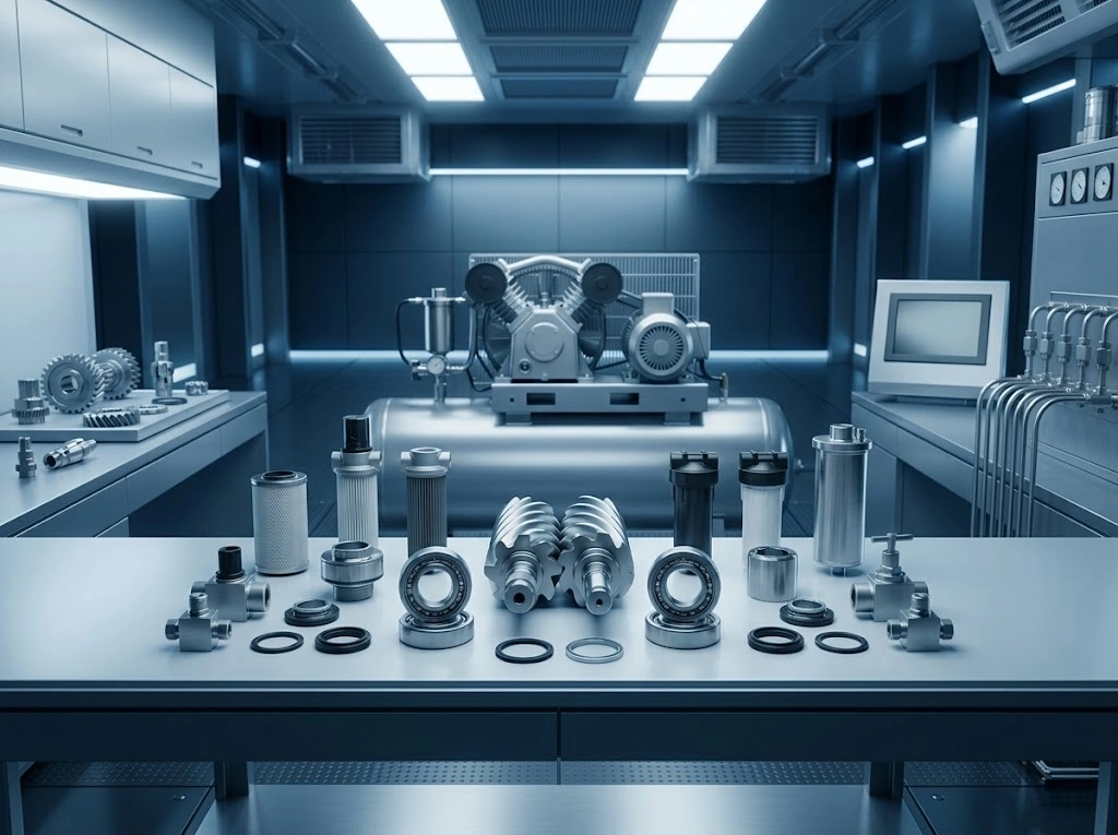 Precision-engineered genuine OEM maintenance spare parts and accessories for ANKA screw air compressors, including rotors and bearings in a high-tech setting.