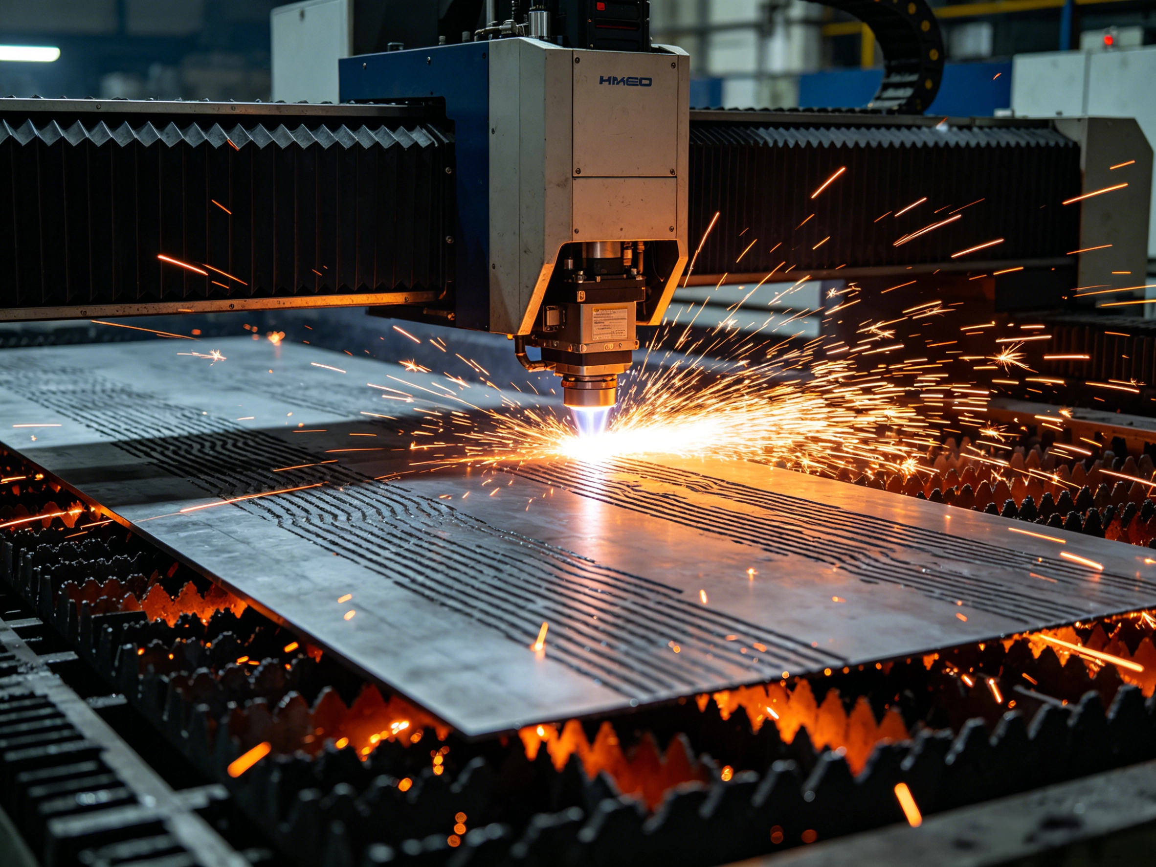 High-power industrial laser cutting machine in operation requiring continuous high-pressure and oil-free compressed air from ANKA system