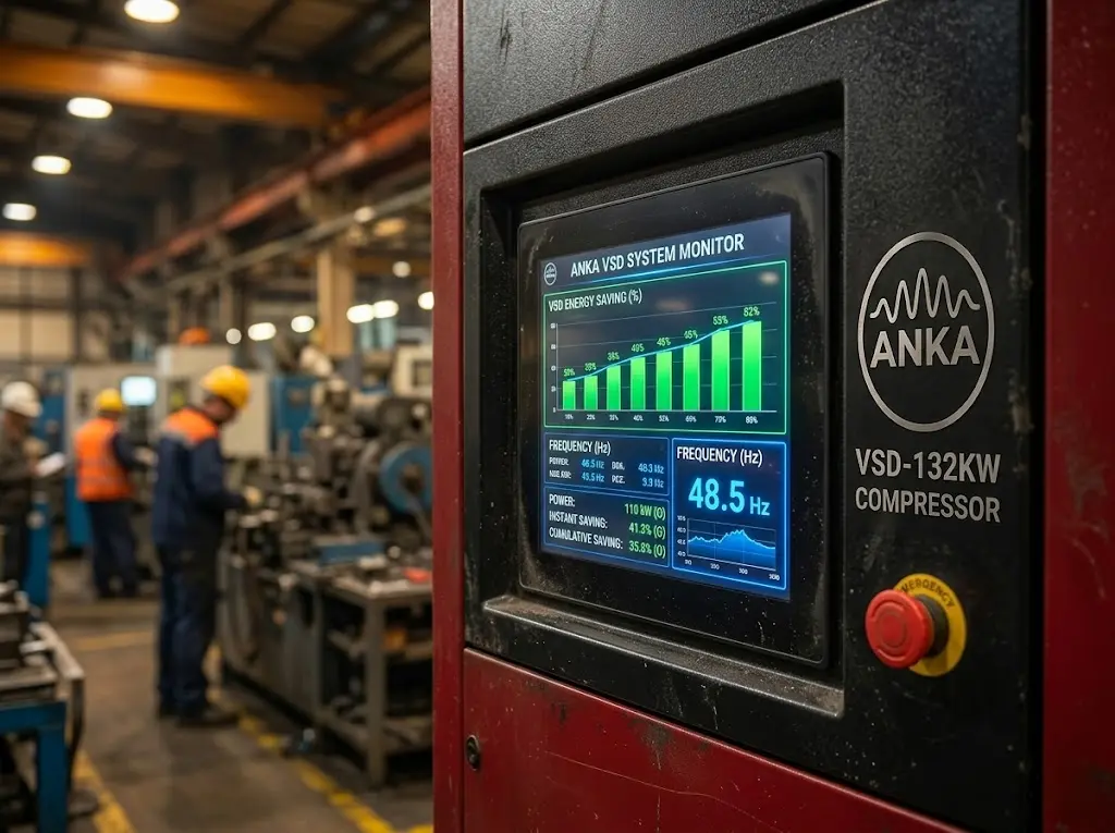 Intelligent VSD system monitor on ANKA 132KW heavy-duty rotary screw air compressor displaying real-time frequency adjustment and cumulative energy savings in an active industrial plant